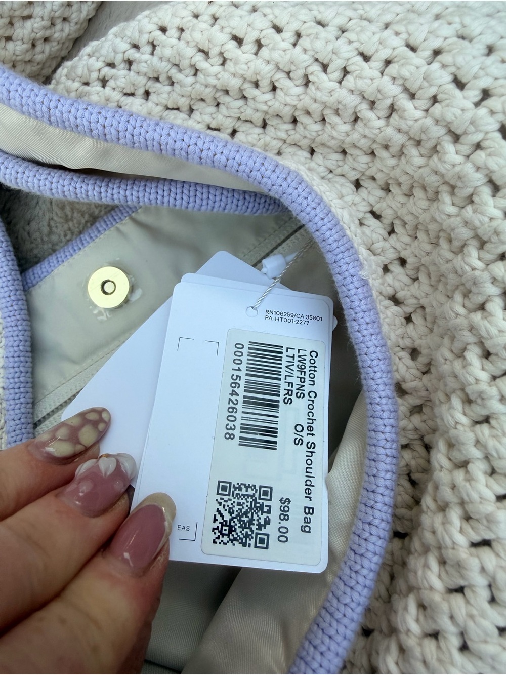 NWT lululemon athletica Cream Crochet Shoulder Bag with Lavender Trim - Picture 11 of 13
